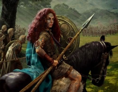 Aine astride a horse.